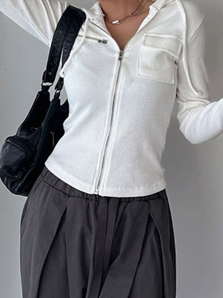 Ribbed White Zip Up Hoodie