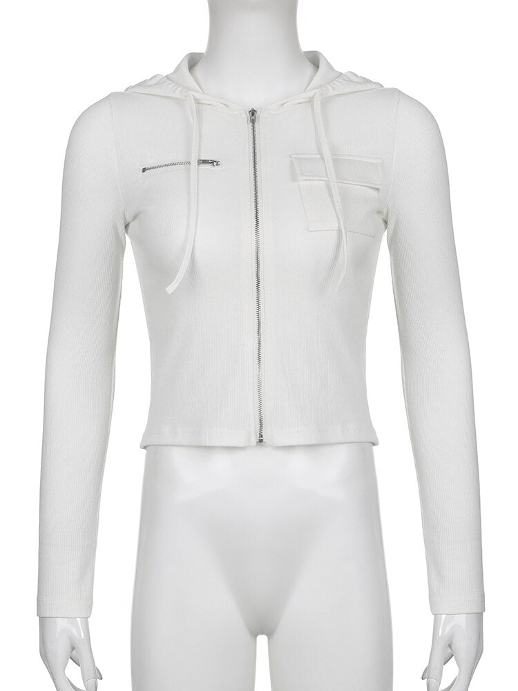 Ribbed White Zip Up Hoodie
